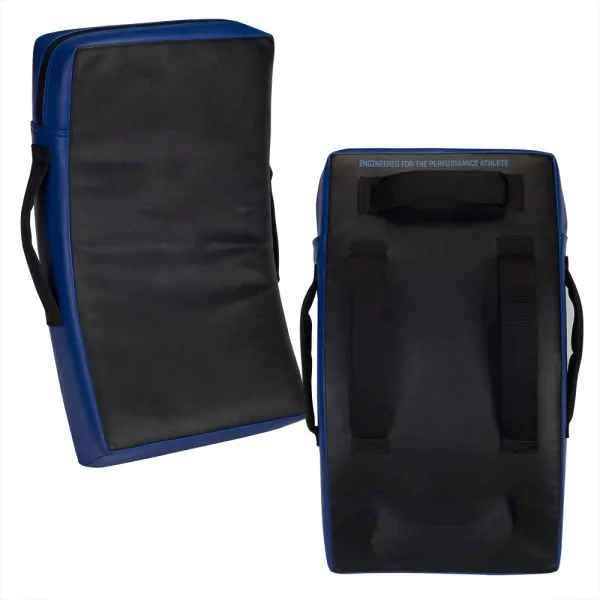 Black and Royal Blue Curved Kick Shield with Reinforced Face and Multiple Grip Handles